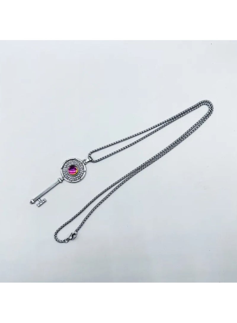 MARIO DRAFTS Crystal Key Pendant Necklace with Rainbow Center Stone, Silver Chain, Rhinestone Accents - Image 2