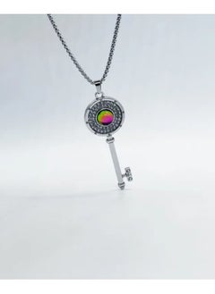 MARIO DRAFTS Crystal Key Pendant Necklace with Rainbow Center Stone, Silver Chain, Rhinestone Accents  - Image 4