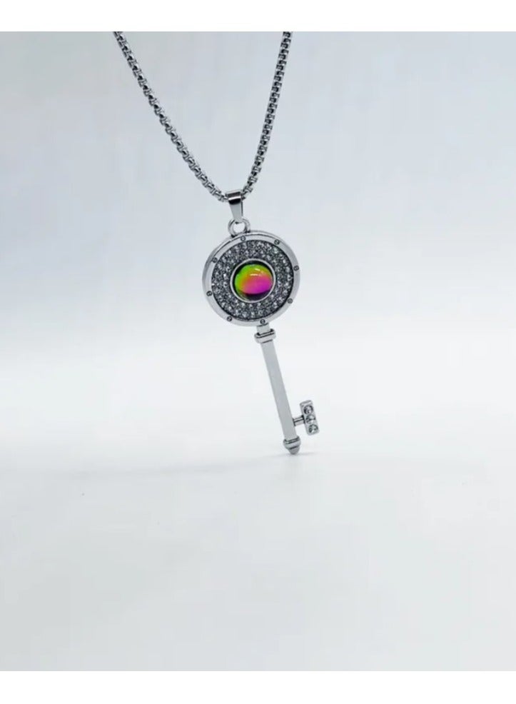 MARIO DRAFTS Crystal Key Pendant Necklace with Rainbow Center Stone, Silver Chain, Rhinestone Accents - Image 4