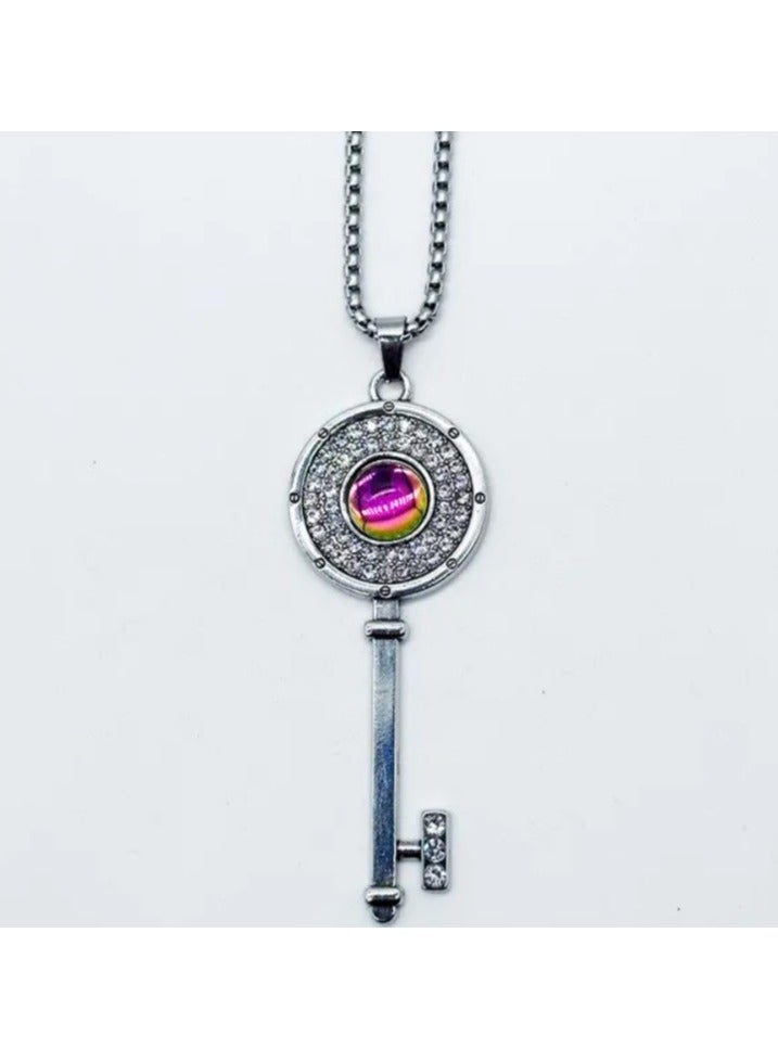 MARIO DRAFTS Crystal Key Pendant Necklace with Rainbow Center Stone, Silver Chain, Rhinestone Accents - Image 5