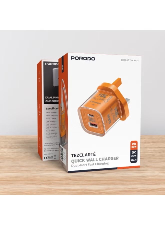 porodo Blue Tezclarté Dual Port Quick Wall Charger with 30W GaN Fast Charging / USB-A & USB-C Outputs / Compact Design / A compact charge For Phones, Tablets, Laptops - Orange - Image 4