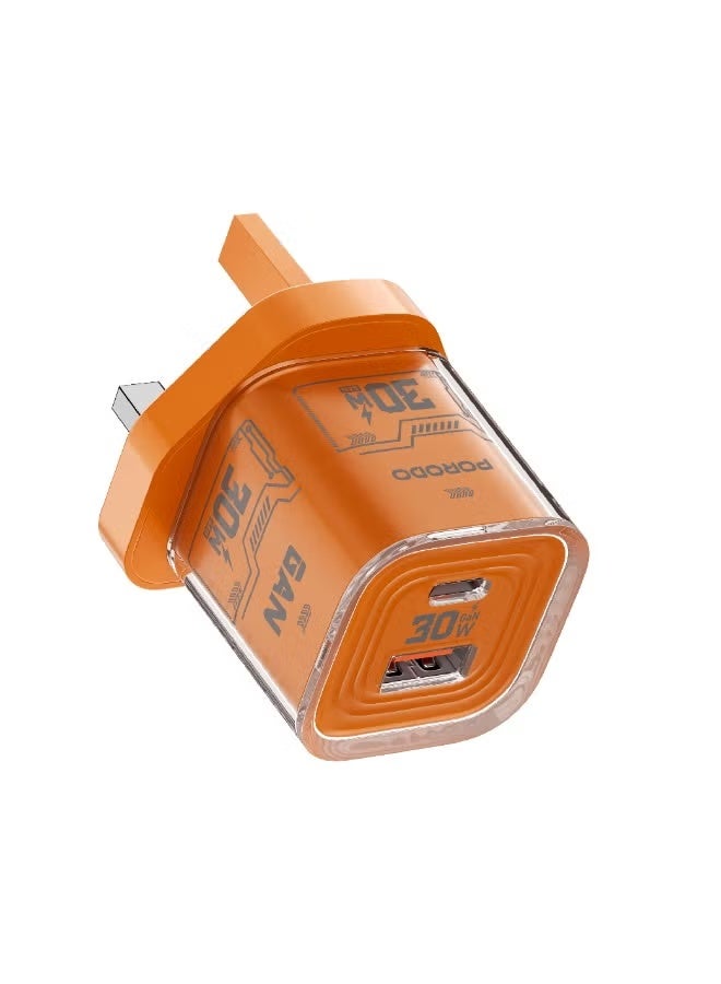 porodo Blue Tezclarté Dual Port Quick Wall Charger with 30W GaN Fast Charging / USB-A & USB-C Outputs / Compact Design / A compact charge For Phones, Tablets, Laptops - Orange - Image 3
