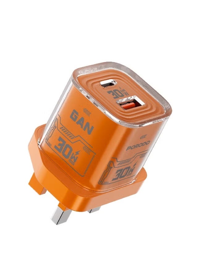 porodo Blue Tezclarté Dual Port Quick Wall Charger with 30W GaN Fast Charging / USB-A & USB-C Outputs / Compact Design / A compact charge For Phones, Tablets, Laptops - Orange - Image 2