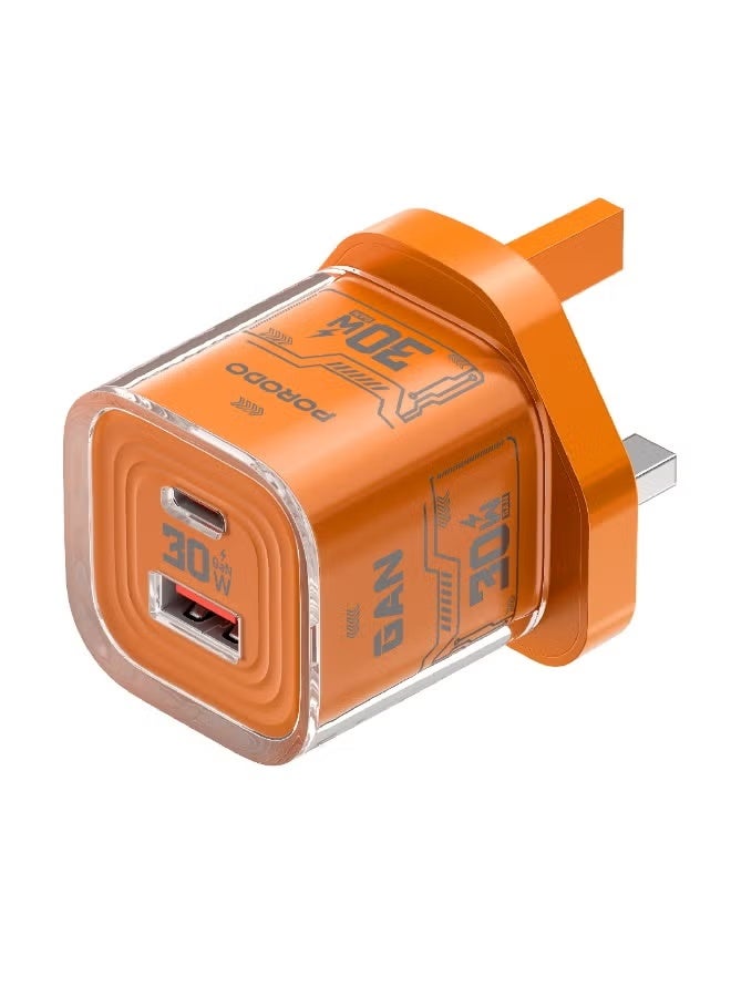 porodo Blue Tezclarté Dual Port Quick Wall Charger with 30W GaN Fast Charging / USB-A & USB-C Outputs / Compact Design / A compact charge For Phones, Tablets, Laptops - Orange - Image 1
