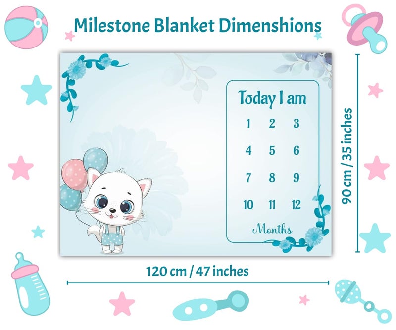 Hoolloomooloo Hoolloomooloo Baby Monthly Milestone Blanket | Blue Balloon Kitty Design | 1-12 Months | Soft Blanket | Includes Golden Ring & 15 Milestone Cards | Growth Tracker & Photoshoot Prop | 120x90 cm  - Image 3