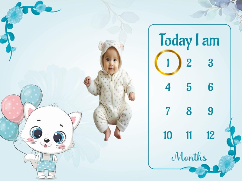 Hoolloomooloo Hoolloomooloo Baby Monthly Milestone Blanket | Blue Balloon Kitty Design | 1-12 Months | Soft Blanket | Includes Golden Ring & 15 Milestone Cards | Growth Tracker & Photoshoot Prop | 120x90 cm  - Image 2