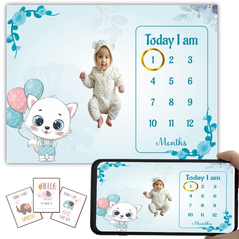 Hoolloomooloo Hoolloomooloo Baby Monthly Milestone Blanket | Blue Balloon Kitty Design | 1-12 Months | Soft Blanket | Includes Golden Ring & 15 Milestone Cards | Growth Tracker & Photoshoot Prop | 120x90 cm  - Image 1
