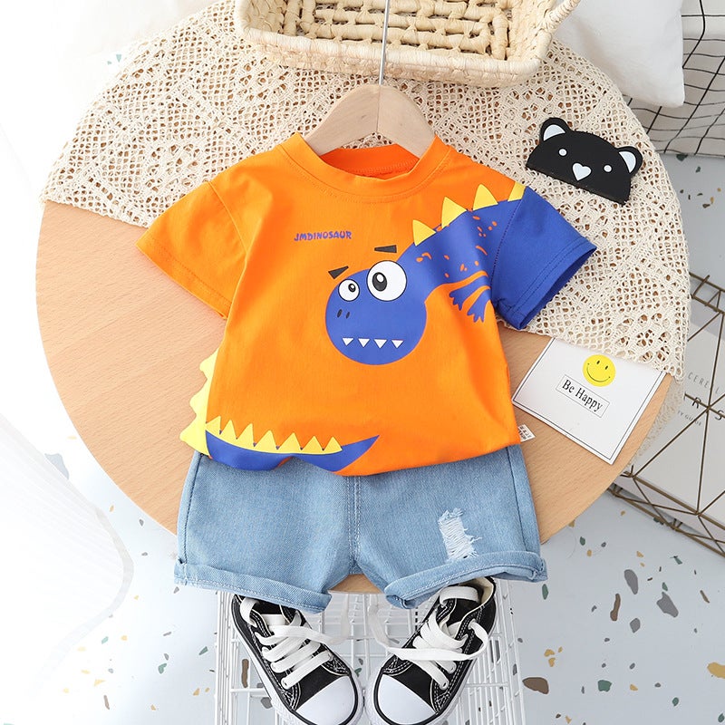Korean Style New Summer Childrens Wear Big Dinosaur Mens and Womens Short-sleeved Two-piece Summer Wear Foreign Trade Set for 0-5 Years Old Orange  - Image 1