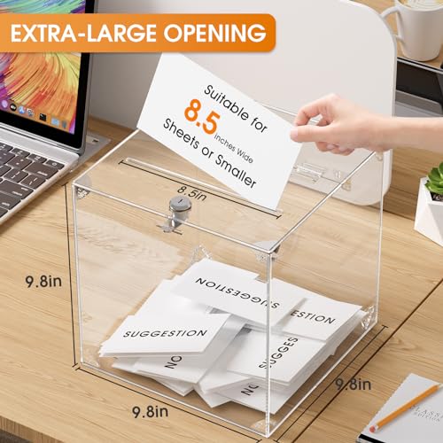 MaxGear Acrylic Donation Box, 9.8" x 9.8" x 9.8" Square Suggestion Box with Lock, Large Comment Case for Fundraising, Donating, Bar, School, 1 Pack - Image 2