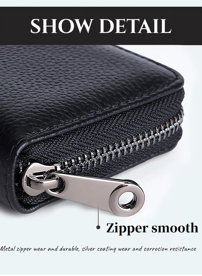 أوزيغالور محفظة بطاقات ائتمان جلدية أصلية، محفظة تحجب البطاقات الائتمانية، محفظة تحجب البطاقات الائتمانية بتقنية RFID مع 20 فتحة وسحاب، أسود. - Image 3