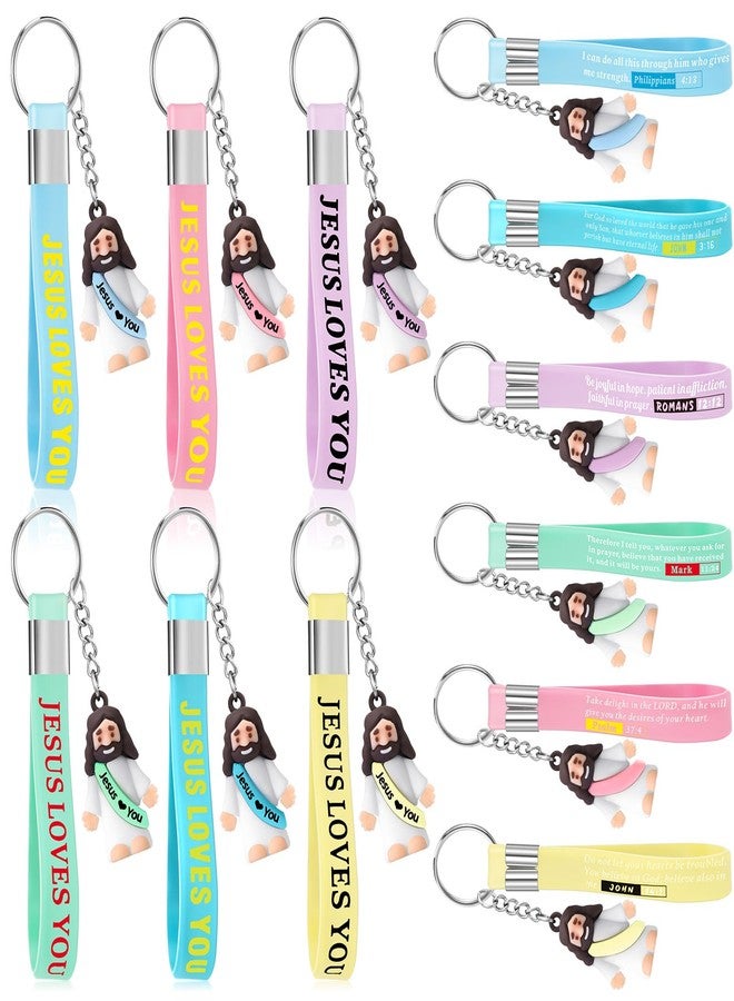بيميمو مجموعة Bememo المكونة من 12 قطعة من سلاسل مفاتيح صغيرة على شكل يسوع المسيحي، مصنوعة من السيليكون، تحمل آيات من الكتاب المقدس، وهي هدية دينية للكبار (لون الماكرون، تصميم يسوع يحبك). - Image 1