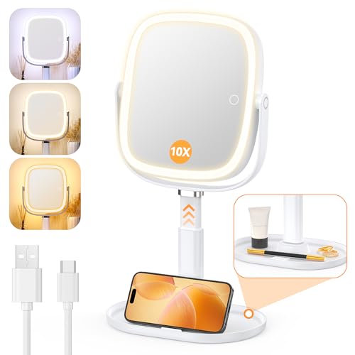 Gospire Lighted Makeup Mirror with Lights and Magnification 1X10X Tray Base and Height Adjustable for Desk 4000mAh Rechargeable Battery 3 Color LightsMemory Function for Bedroom White - Image 1