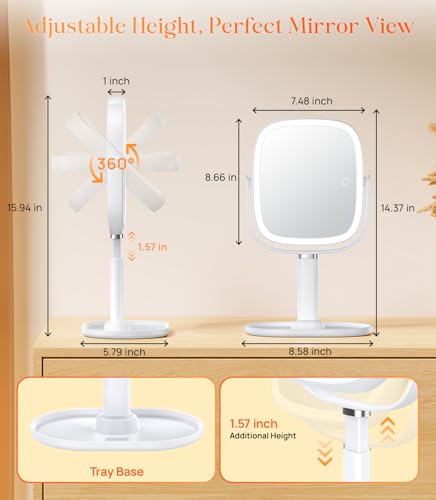 Gospire Lighted Makeup Mirror with Lights and Magnification 1X10X Tray Base and Height Adjustable for Desk 4000mAh Rechargeable Battery 3 Color LightsMemory Function for Bedroom White - Image 3