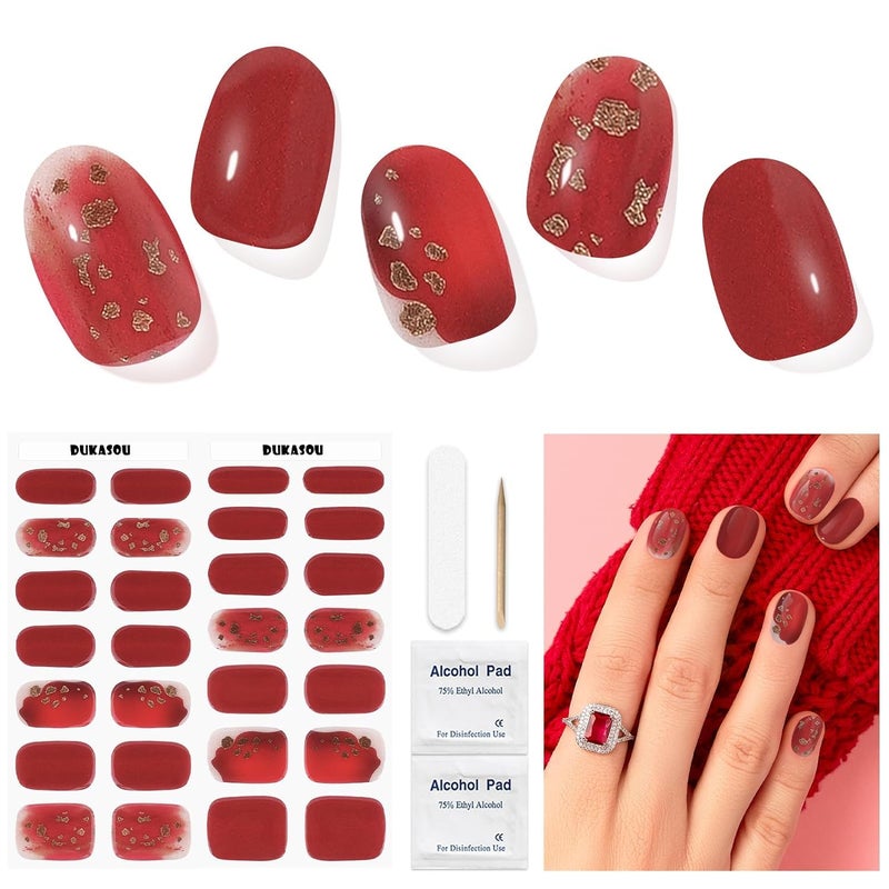 DUKASOU DUKASOU Semi Cured Gel Nail Strips for Christmas, 28 pcs Gel Nail Strips Work with Any UV Lamp, Long Lasting Gel Nail Stickers Full Nail Wraps, Salon Quality, Easy to Apply (China red)