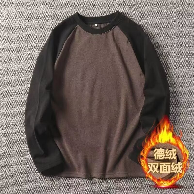 تي شيرت رجالي مزدوج الجوانب من المخمل بتصميم حراري للشباب بأكمام راجلان طويلة دافئة لخريف وشتاء  ، قمة مطابقة الألوان باللون الأبيض النقي. - Image 4