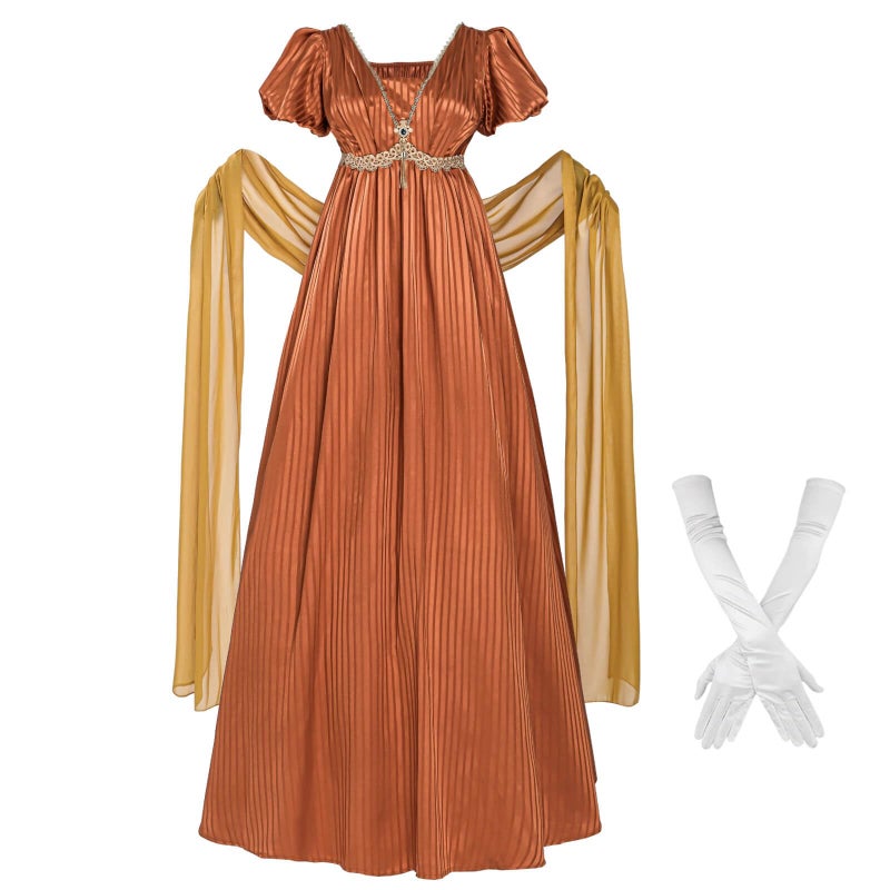 Nuoqi Regency Dresses for Women 1800s Victorian Dress Empire Waist Ball Gown with Gloves Orange, S - Image 1
