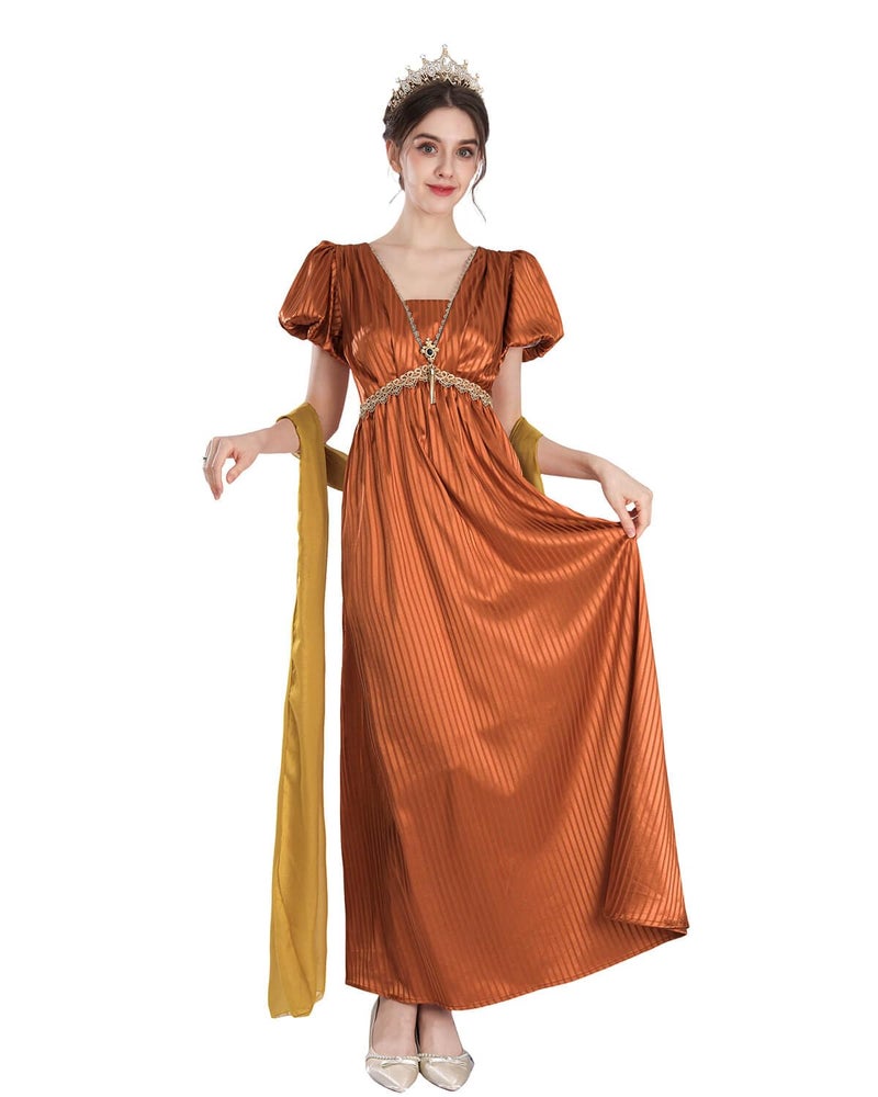 Nuoqi Regency Dresses for Women 1800s Victorian Dress Empire Waist Ball Gown with Gloves Orange, S - Image 5