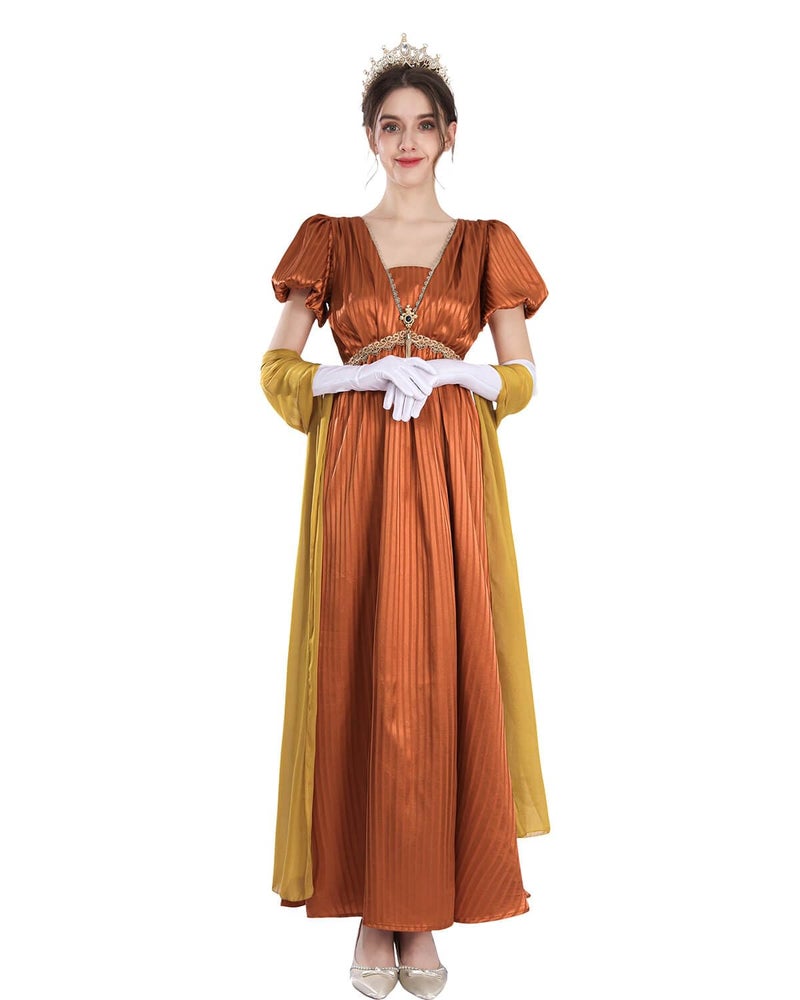 Nuoqi Regency Dresses for Women 1800s Victorian Dress Empire Waist Ball Gown with Gloves Orange, S - Image 2