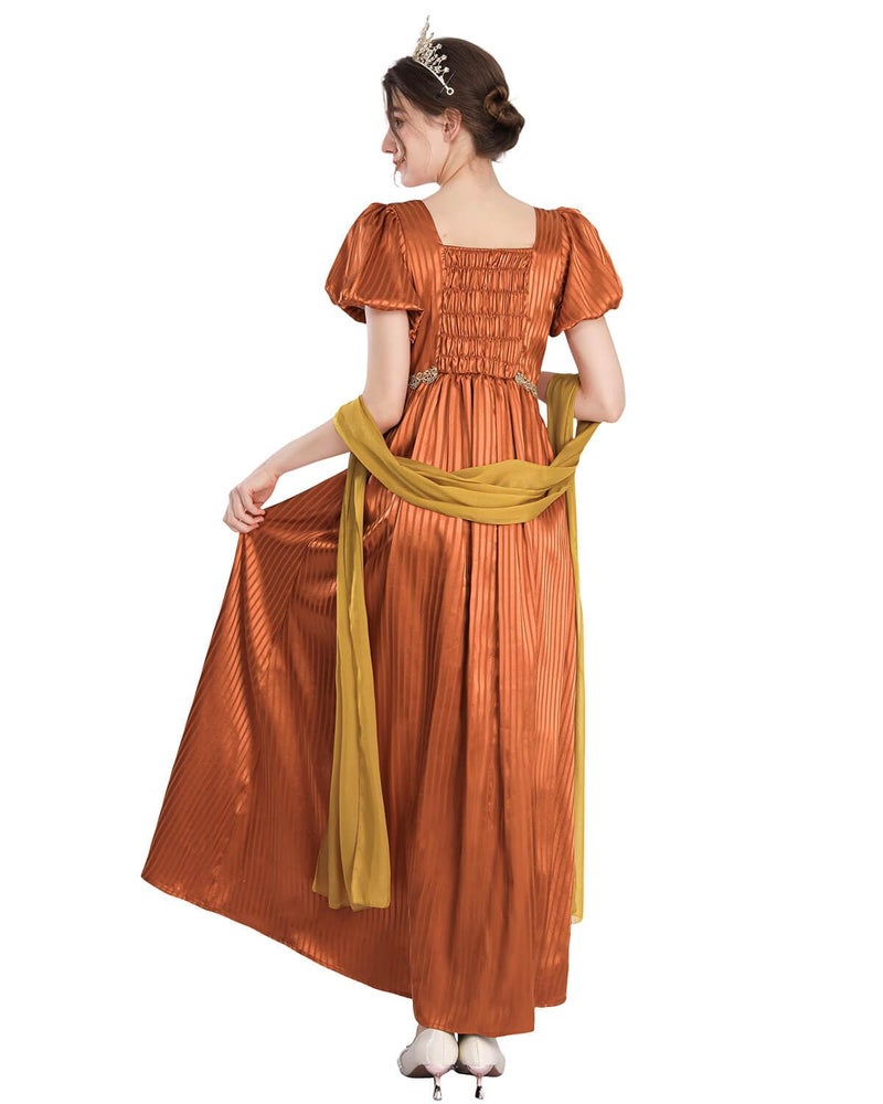 Nuoqi Regency Dresses for Women 1800s Victorian Dress Empire Waist Ball Gown with Gloves Orange, S - Image 3