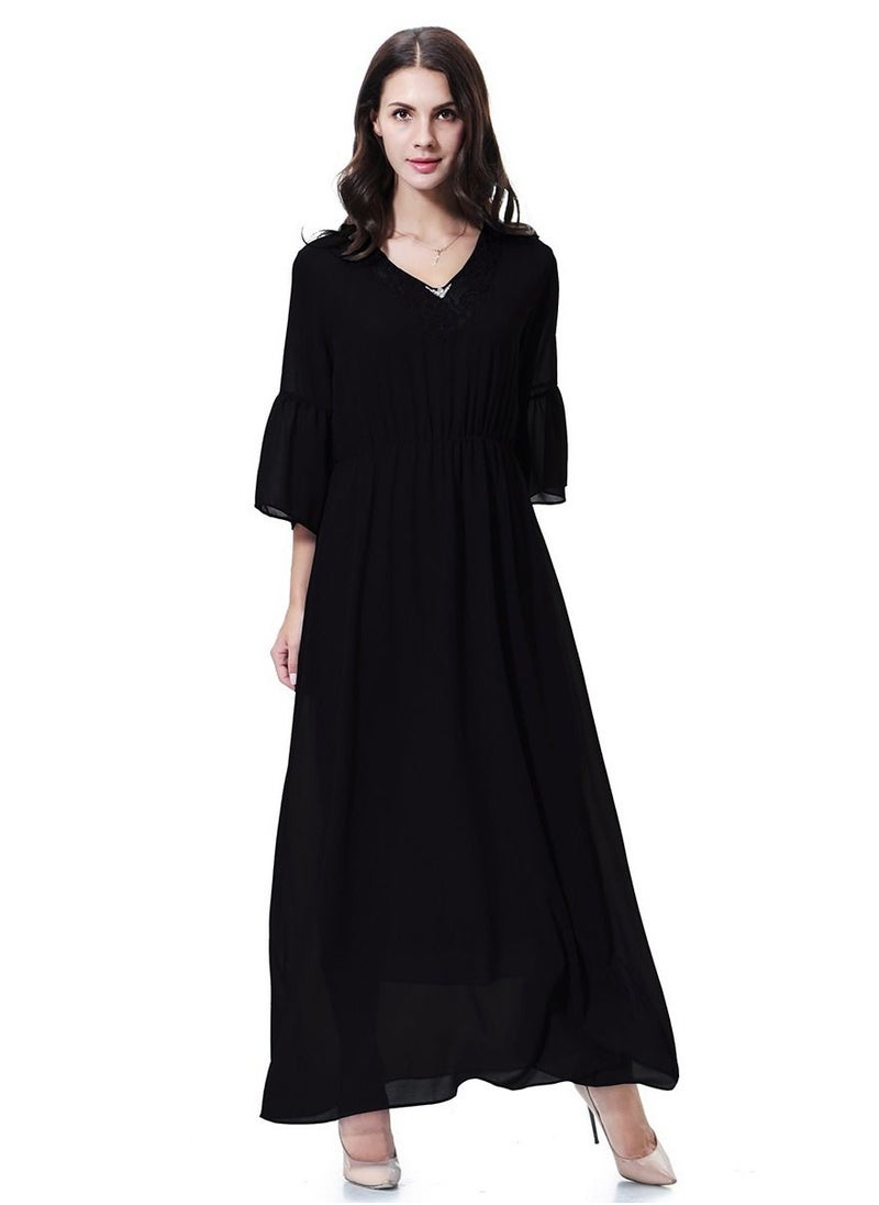 Loquat - Women's Solid Color V- Neck Flare Sleeve Chiffon Maxi Long Dress Robe  Black - Image 1