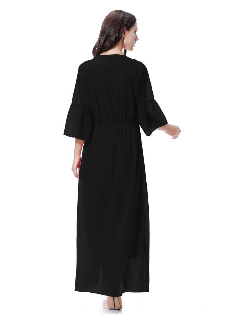 Loquat - Women's Solid Color V- Neck Flare Sleeve Chiffon Maxi Long Dress Robe  Black - Image 1