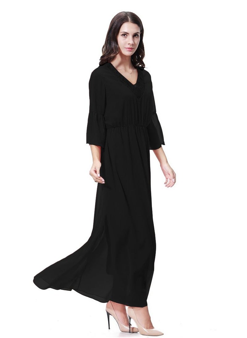 Loquat - Women's Solid Color V- Neck Flare Sleeve Chiffon Maxi Long Dress Robe  Black - Image 1
