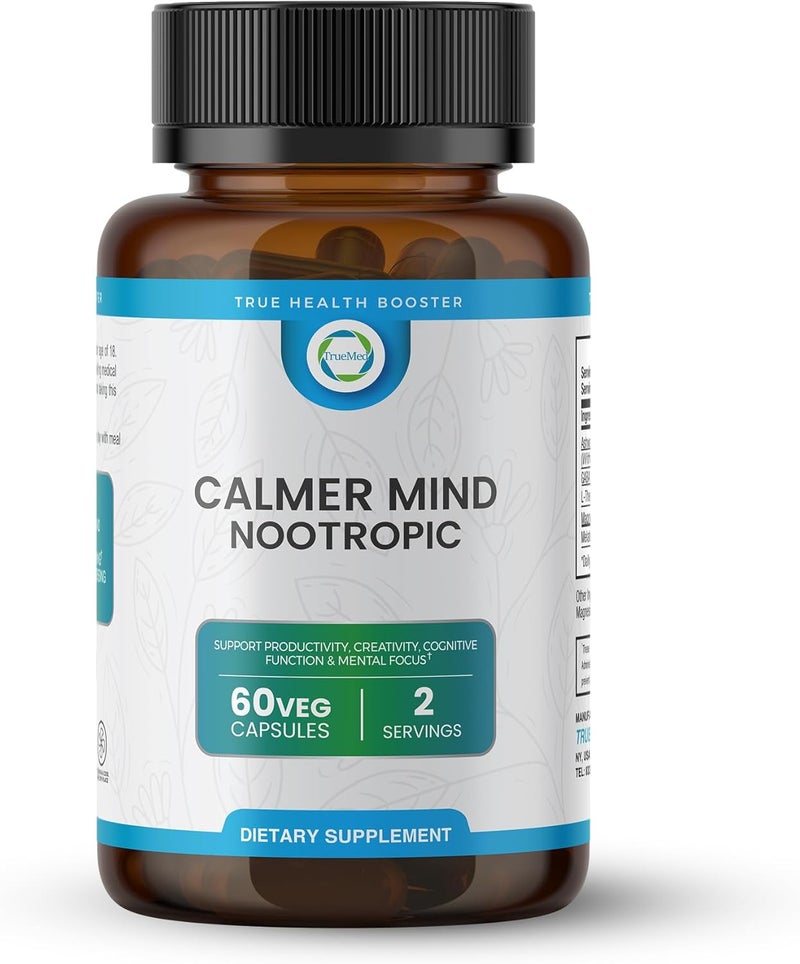 TRUEMED Calmer Mind Nootropic Ashwagandha GABA LTheanine Magnesium  Melatonin  Supports Focus Productivity Creativity  Cognitive Function  Calmness  Mood Support  60 Vegetable Capsules - Image 1