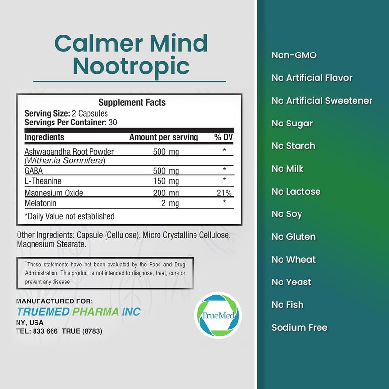 TRUEMED Calmer Mind Nootropic Ashwagandha GABA LTheanine Magnesium  Melatonin  Supports Focus Productivity Creativity  Cognitive Function  Calmness  Mood Support  60 Vegetable Capsules - Image 3