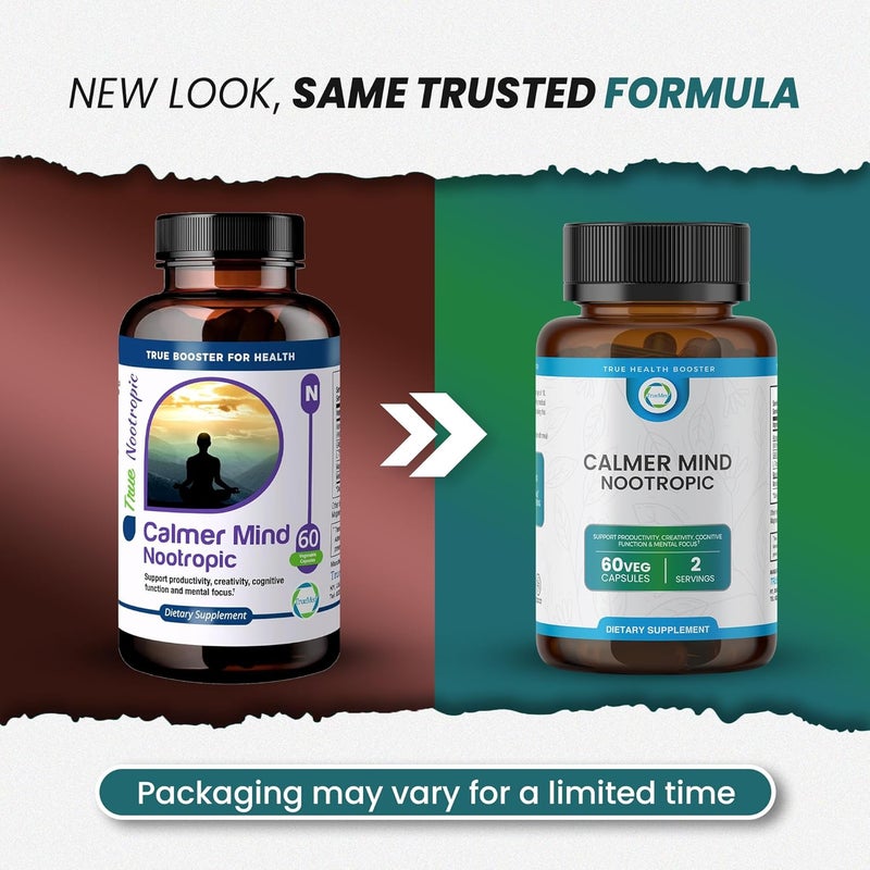 TRUEMED Calmer Mind Nootropic Ashwagandha GABA LTheanine Magnesium  Melatonin  Supports Focus Productivity Creativity  Cognitive Function  Calmness  Mood Support  60 Vegetable Capsules - Image 2