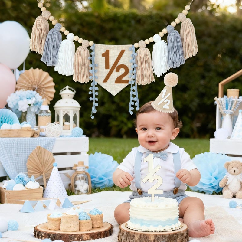 HODIHIWI 1/2 Birthday Decorations For Baby Boys 6 Months Khaki Cone Birthday Hat With Cake Topper Happy Half Year Party Photoshoot Props - Image 4