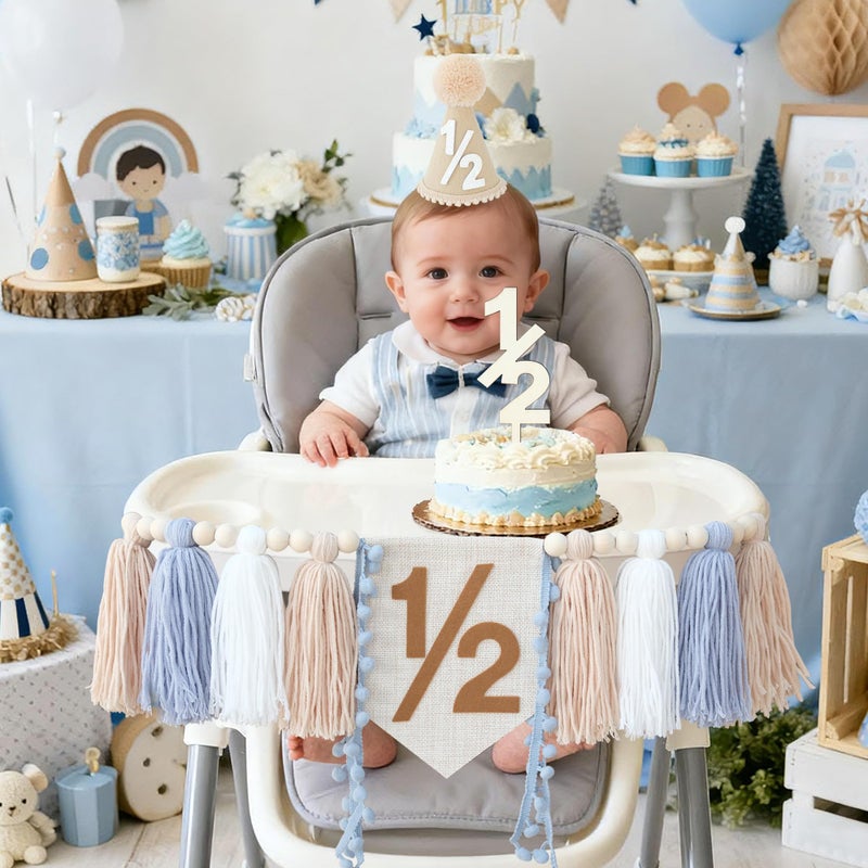 HODIHIWI 1/2 Birthday Decorations For Baby Boys 6 Months Khaki Cone Birthday Hat With Cake Topper Happy Half Year Party Photoshoot Props - Image 5