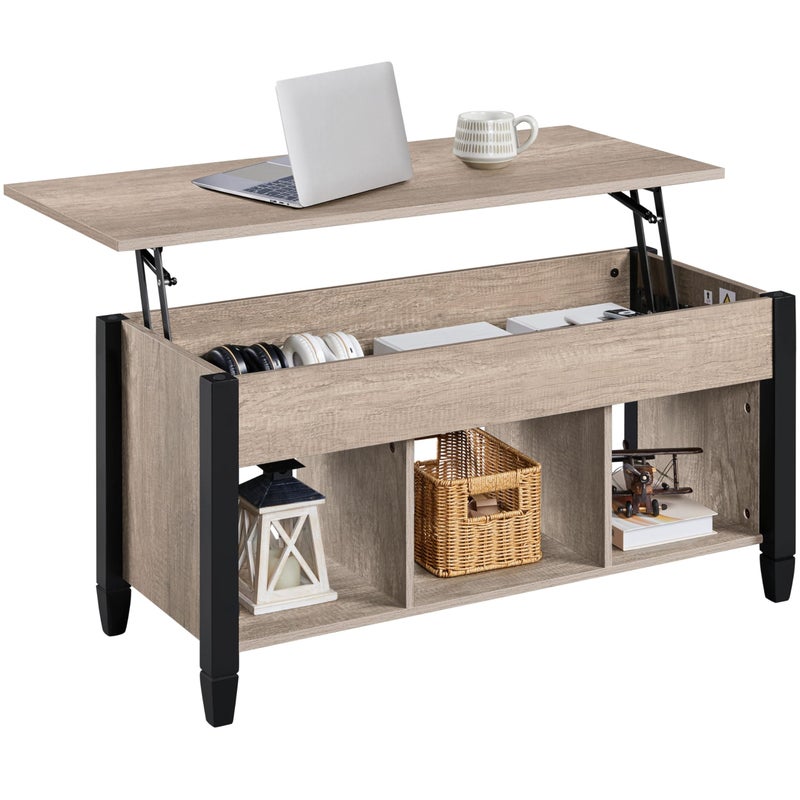 طاولة قهوة رمادية من ياهيتيك مع سطح قابل للرفع ورف مخفي لطاولة طعام لغرفة المعيشة طاولة مركزية عتيقة مع سطح خشبي قابل للرفع 41 بوصة