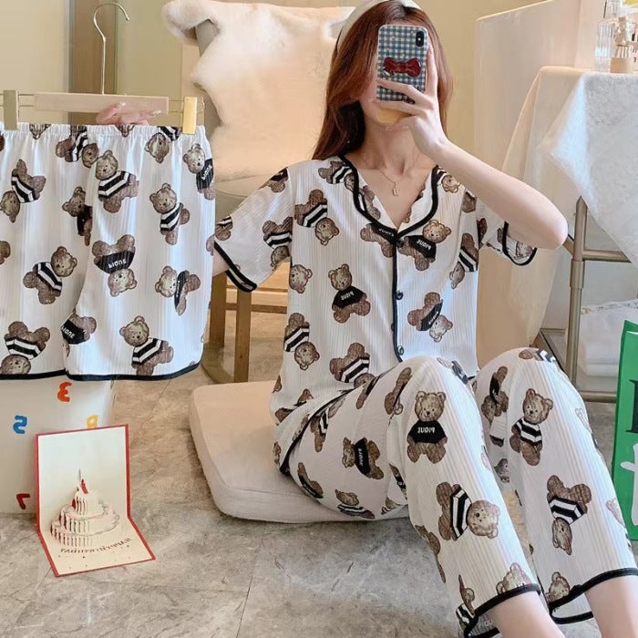 Shake Voice Live Micro Business Explosions Summer Short Sleeve Pajamas Three-Piece Set Korean Sweet Cute Cardigan Womens Home Clothes 872#