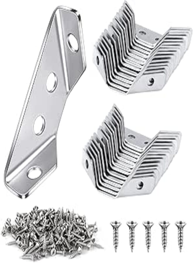 30PCS Universal Furniture Corner Connector, Small Metal Corner Brackets for Wood, Hardware Corner Brace Triangle Support Bracket, Angle Bracket L Brackets for Shelves Cabinet Drawer with 120 Screws
