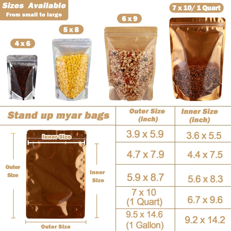 lucpur 200-pack 3.9â€ x 5.9â€ Stand Up Mylar Bags with Clear Window Resealable Foil Pouches for Food Storage Smell Proof Edible Packaging Zip Bag for jewelries Small Business, Small Zip Bag Bulk, Golden - Image 3