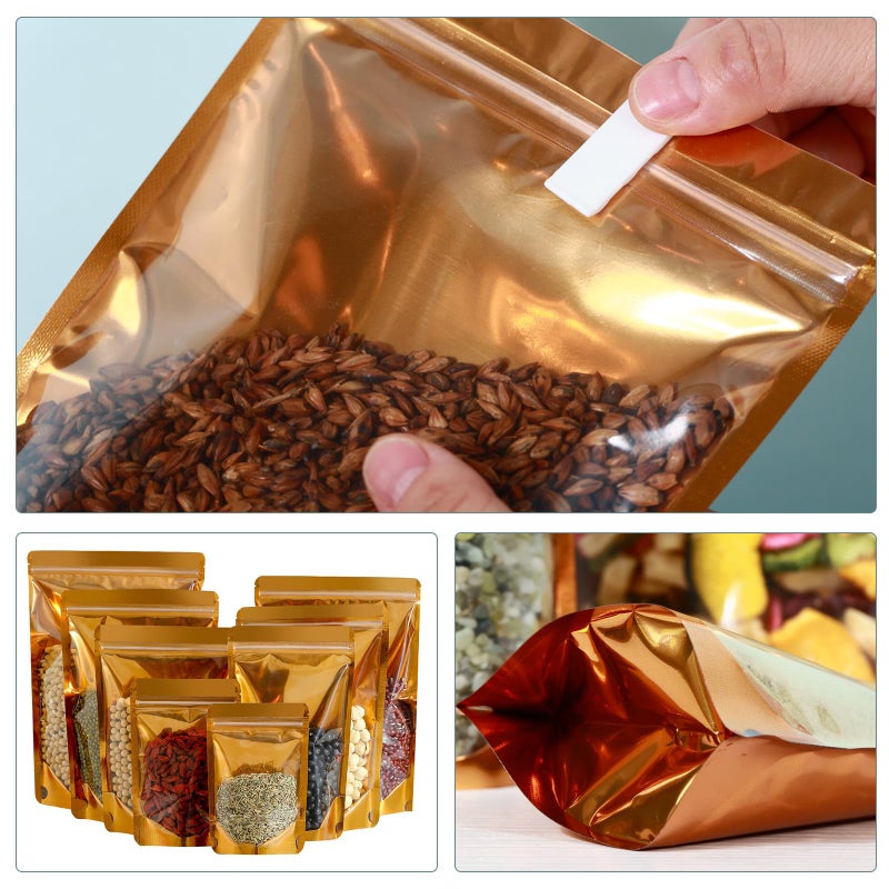lucpur 200-pack 3.9â€ x 5.9â€ Stand Up Mylar Bags with Clear Window Resealable Foil Pouches for Food Storage Smell Proof Edible Packaging Zip Bag for jewelries Small Business, Small Zip Bag Bulk, Golden - Image 5
