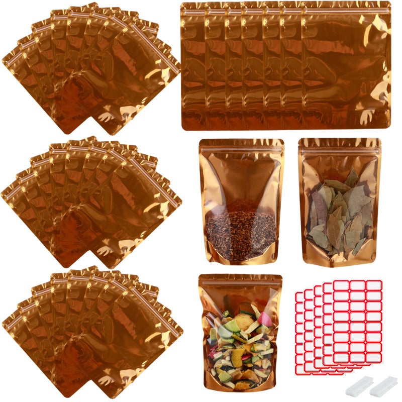 lucpur 200-pack 3.9â€ x 5.9â€ Stand Up Mylar Bags with Clear Window Resealable Foil Pouches for Food Storage Smell Proof Edible Packaging Zip Bag for jewelries Small Business, Small Zip Bag Bulk, Golden - Image 1