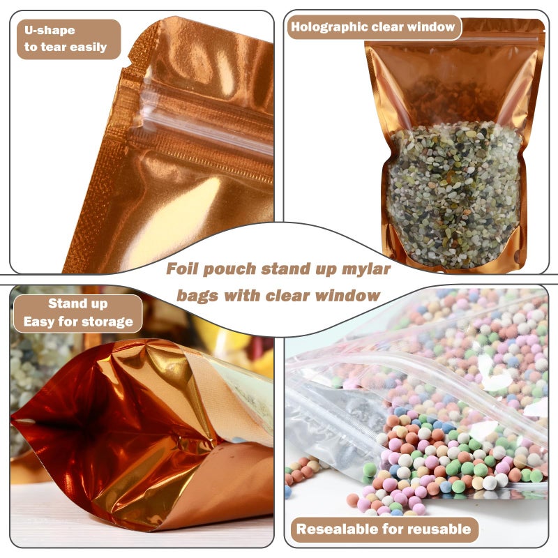 lucpur 200-pack 3.9â€ x 5.9â€ Stand Up Mylar Bags with Clear Window Resealable Foil Pouches for Food Storage Smell Proof Edible Packaging Zip Bag for jewelries Small Business, Small Zip Bag Bulk, Golden - Image 2