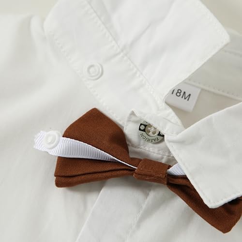 YALLET Toddler Baby Boy Clothes Suit Gentleman Outfits Formal Dress Shirt + Bowtie + Suspender Pants Wedding Party(L White, 12-18 Months) - Image 4