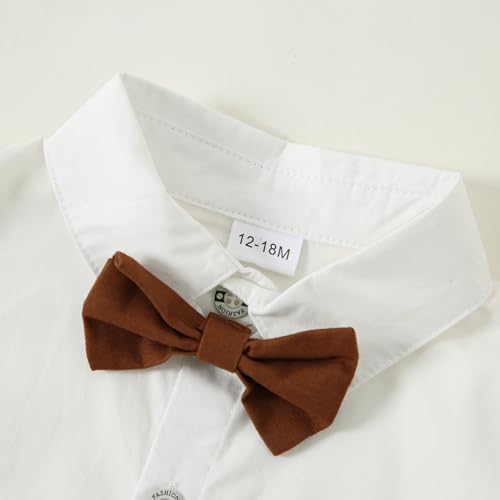 YALLET Toddler Baby Boy Clothes Suit Gentleman Outfits Formal Dress Shirt + Bowtie + Suspender Pants Wedding Party(L White, 12-18 Months) - Image 3