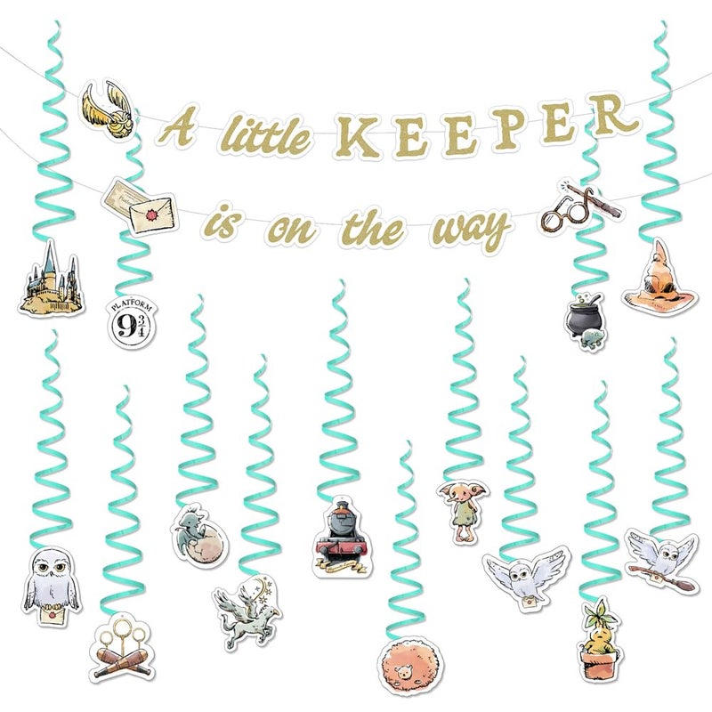 Conquest Journals Harry Potter Baby Shower Garland & Hanging Decorations Set, A Little Keeper is on The Way Wizarding World Banner (72''), 14 Hanging Decor Pieces, Party Supplies, Officially Licensed - Image 1