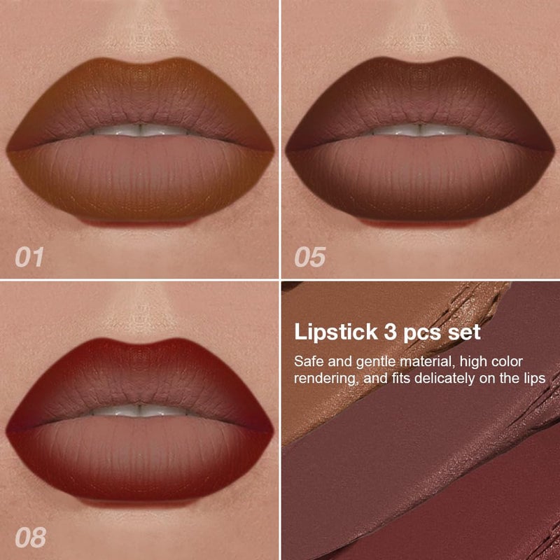 evpct 3Pcs Warm Brown Maroon Dark Wine Red Gradient Matte Lipstick Lip Liner Crayon Combo Pencil Set for Women Long Lasting, Cream Lip Liner and Lipstick Combo Makeupï¼ŒFlawless Gradual Ombre Effect - Image 2