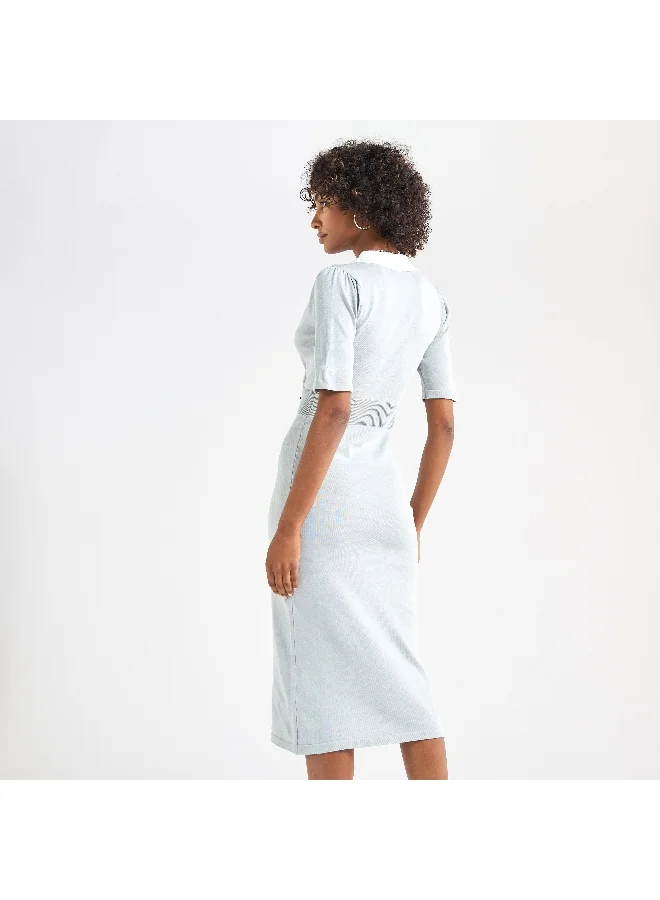 Splash FAV Solid Lapel Dress with Short Sleeves and Button Detail