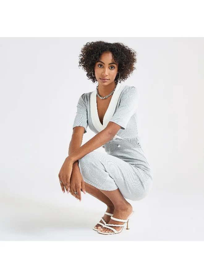 Splash FAV Solid Lapel Dress with Short Sleeves and Button Detail
