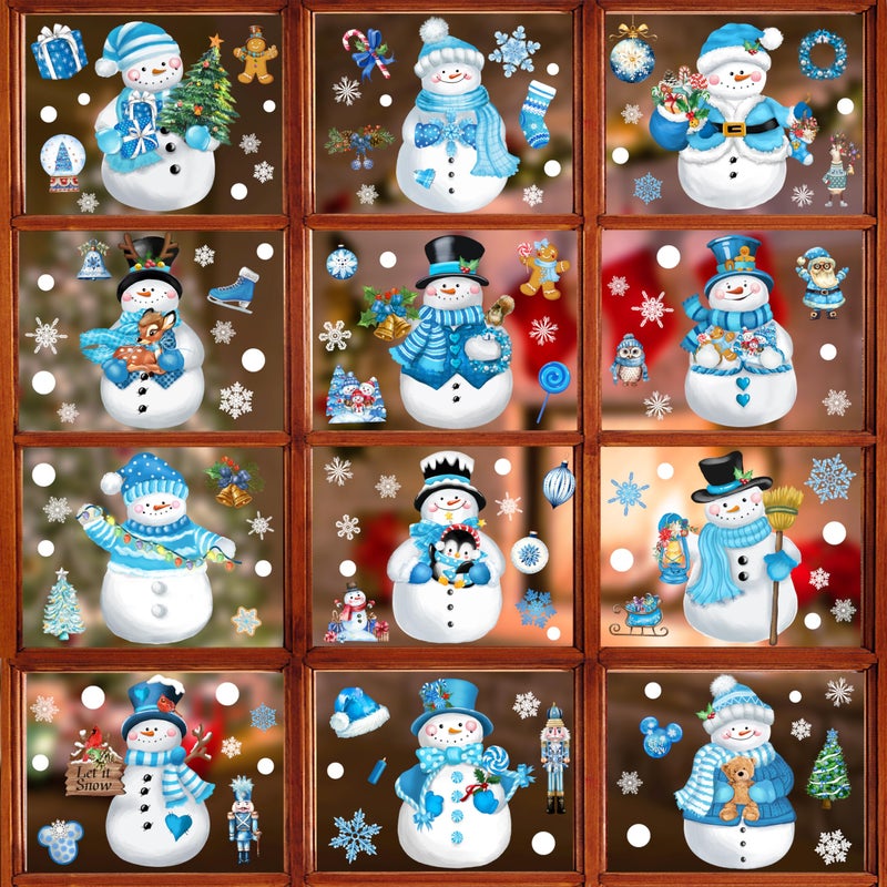 BORAMDO Christmas Window Clings 13 Sheets  Christmas Blue Snowman Snowflake Window Decals Stickers  Removable Christmas Window Decorations for Glass Windows Xmas Holiday Home Office Decor 12 Styles - Image 1