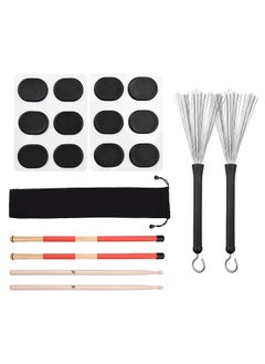 Drum Sticks Set 1 Pair Retractable Drum Wire Brushes Drum Stick Brush 1 Pair 19-Rod Bamboo Drum Brushes Sticks 1 Pair 5A Classic Maple Wood Drumsticks 12Pcs Mute Pads