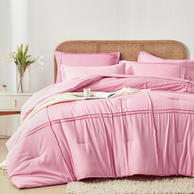 Yogeneg Pink Comforter Set Twin Size 5 Piece Bed In A Bag Grid Pinch Pleat Twin Bedding Set Striped Textured Soft Microfiber Comforter With Sheet Set All Season Complete Bed Set(Pink Twin) - Image 2