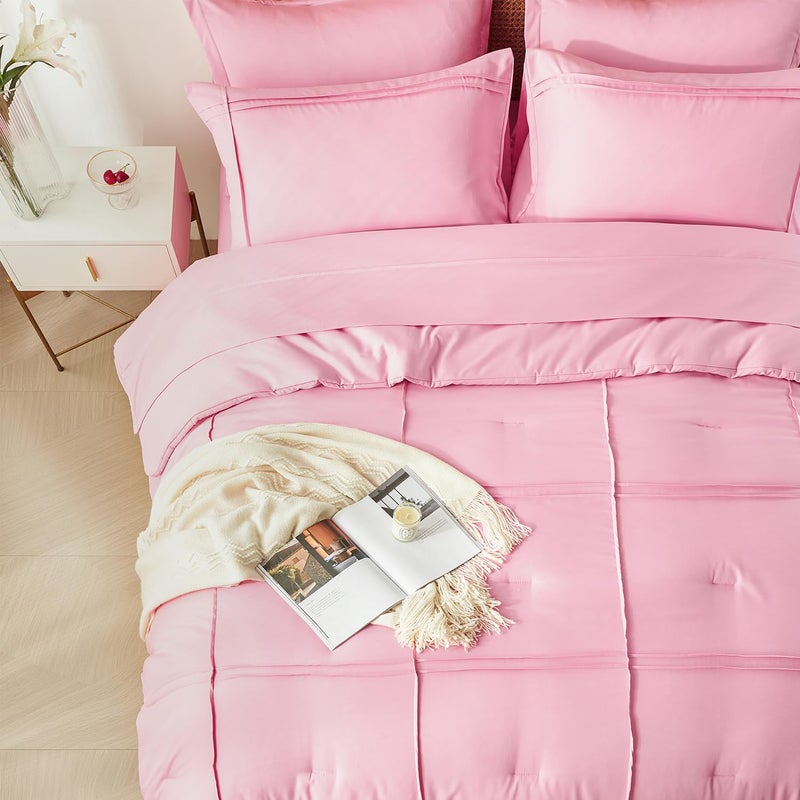 Yogeneg Pink Comforter Set Twin Size 5 Piece Bed In A Bag Grid Pinch Pleat Twin Bedding Set Striped Textured Soft Microfiber Comforter With Sheet Set All Season Complete Bed Set(Pink Twin) - Image 3