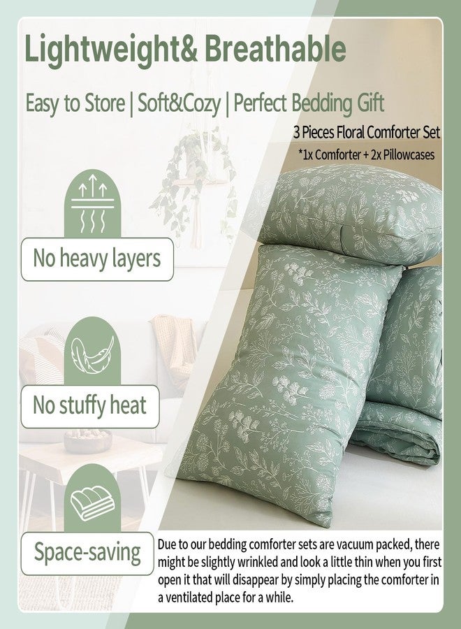 EAVD Queen Comforter Set Sage Green Floral Comforter Set Vintage Soft Microfiber Chic Cute Floral Bedding Comforter with 2 Pillowcases Fresh Reversible Botanical Comforter Set for All-Season - Image 4