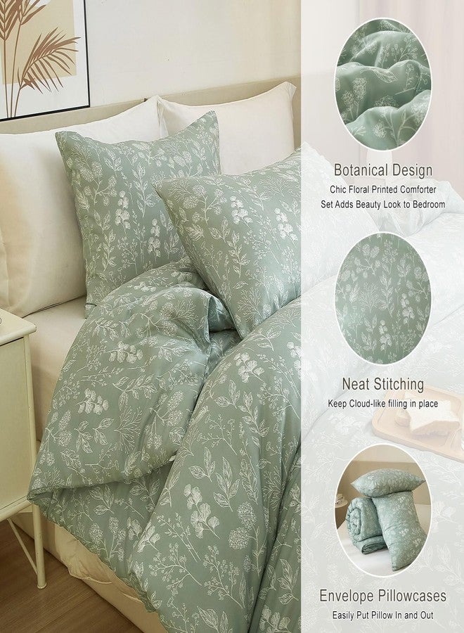 EAVD Queen Comforter Set Sage Green Floral Comforter Set Vintage Soft Microfiber Chic Cute Floral Bedding Comforter with 2 Pillowcases Fresh Reversible Botanical Comforter Set for All-Season - Image 3